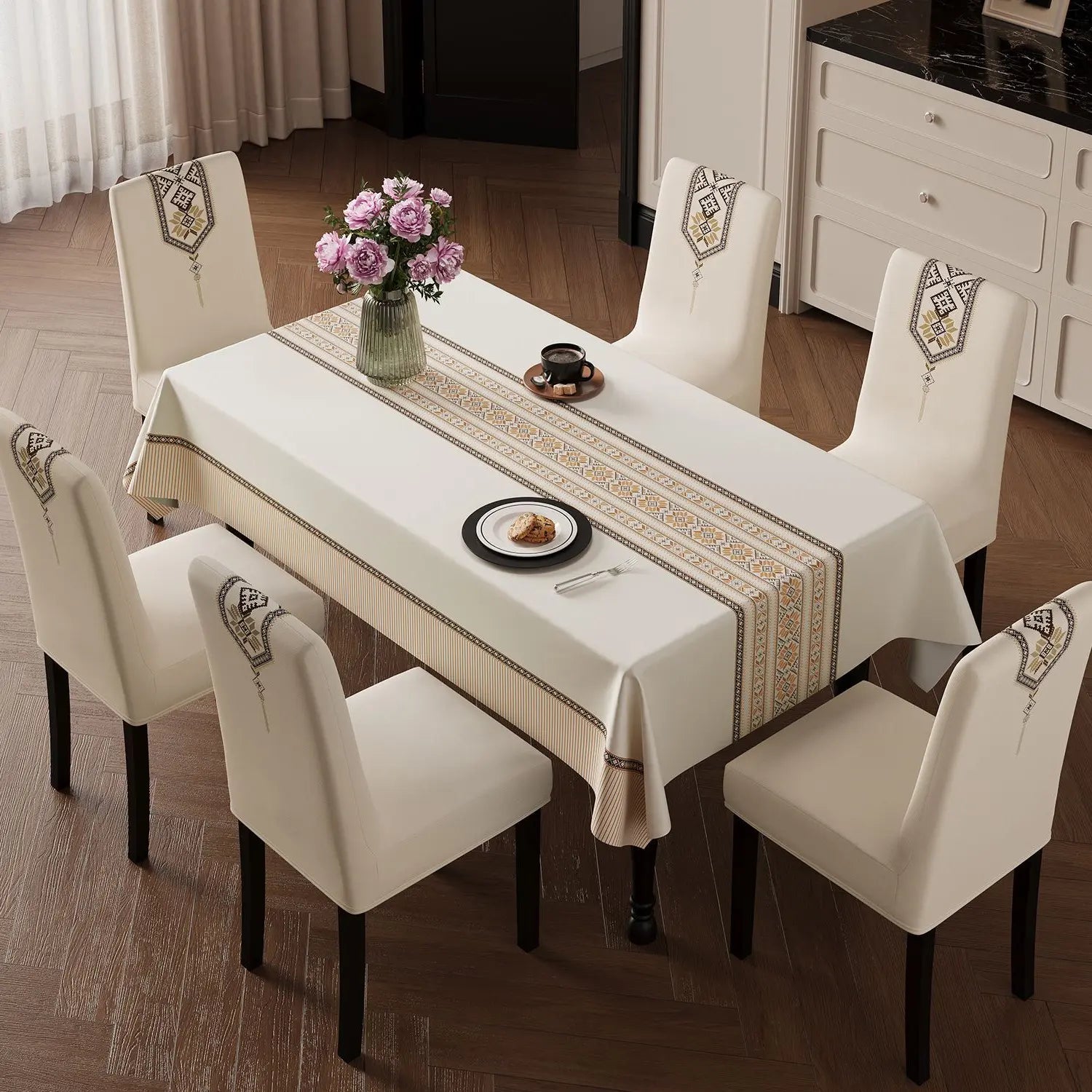 Embroidered Stretch Chair Cover - Thick Universal Dining Chair Slipcover, All Season, Aesthetic Room Decor